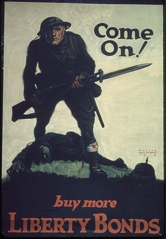 Affiche américaine pour l’achat de bons lors de la première guerre mondiale ; « Come On! » inscrit en grand.